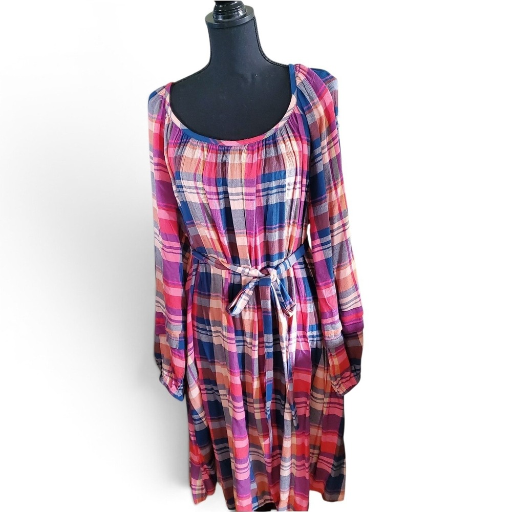 Terra & Sky Womens 2X Plus Plaid Long Sleeve Midi Dress Granola Cottagecore